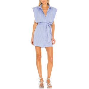 Bardot Stripe Shoulder Pad Blue Cotton Shirt Dress Size L